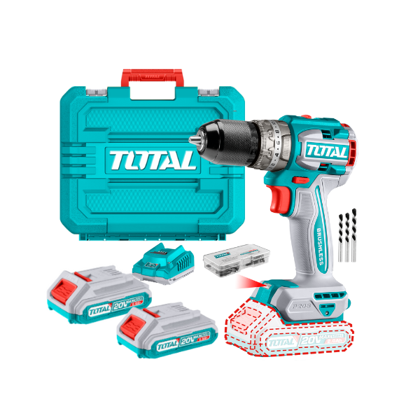 TALADRO PERCUTOR INALÁMBRICO TOTAL 1/2plg LIBRE CARBONES 20V 60Nm SET UTIDLI20602