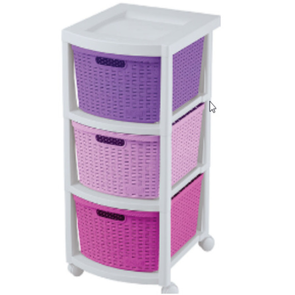 GAVETERO RATTAN 3 GAVETAS CON RODOS PLASTICO LILA/ROSADO/FUCSIA RIMAX 10124-XP