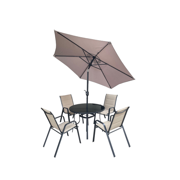 MUEBLE DE COMEDOR PARA JARDIN ACERO/VIDRIO NEGRO/TAUPE (JUEGO DE 6 PIEZAS) SF4014/SF5101/SU2006 (8848)