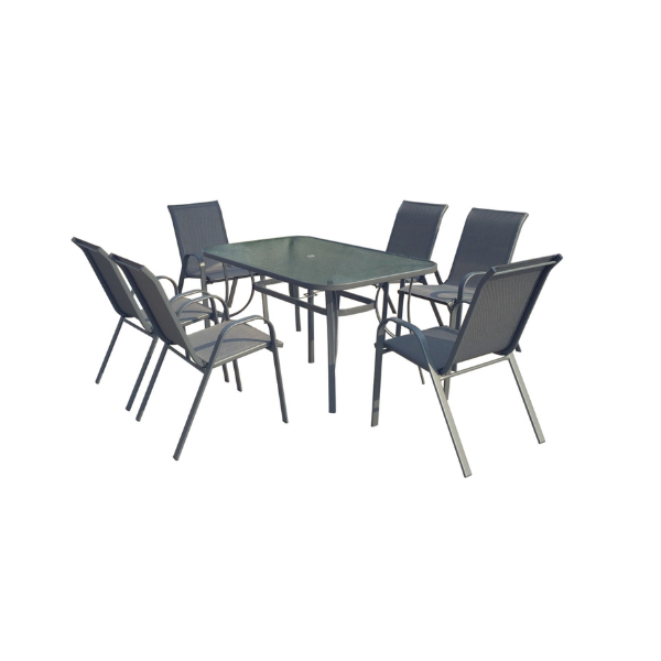 MUEBLE JARDIN SET KINGSTON MESA DE VIDRIO CON 6 SILLAS GRIS/NEGRO SF4001/SF5001 (3272)