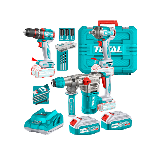 ROTOMARTILLO SDS PLUS TOTAL IND INALÁMBRICO 1-1/8plg 20V LIBRE DE CARBONES 4.5J + LLAVE DE IMPACTO 400NM 1/2plg + TALADRO PERCUTOR 1/2plg 66NM UTCKLI20638