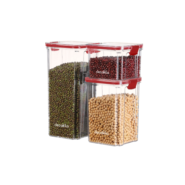 CANISTER PARA ALIMENTOS PLASTICO 0.67/1.3/1.96 L TRANSPARENTE/ROJO DECAKILA SET 3 PZA KMTT125W