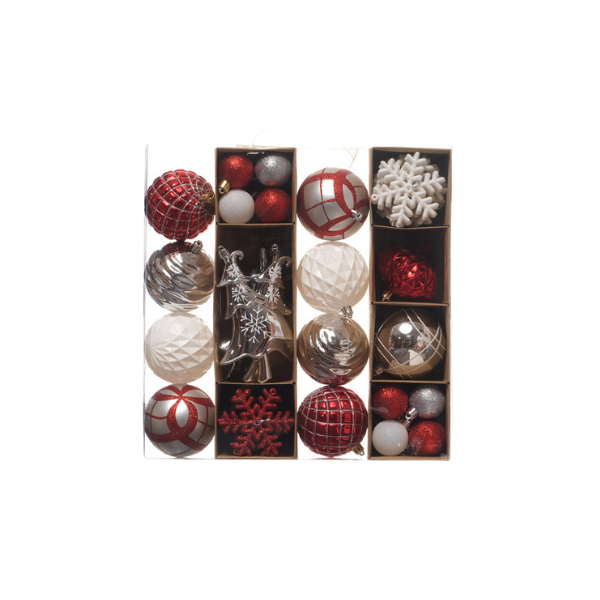 ESFERA NAVIDAD 16x4 cm ROJO-BLANCO-PLATEADO MIRO (JUEGO 24 PZA) 831-239101382-24G