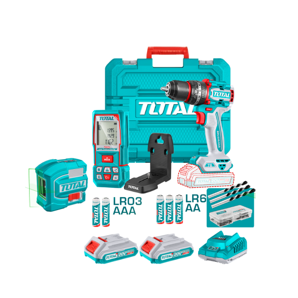 TALADRO PERCUTOR INALÁMBRICO TOTAL 1/2plg LIBRE CARBONES COMPACTO 20V 76Nm + NIVEL LASER + MEDIDOR DE DISTANCIA UTOSLI250511