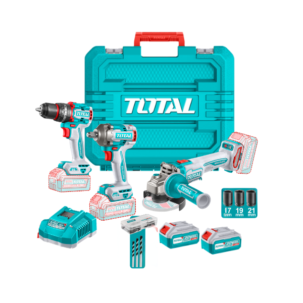 ESMERILADORA INALÁMBRICA ANGULAR TOTAL 4-1/2plg 20V 1200W + TALADRO PERCUTOR 1/2plg 66NM + LLAVE DE IMPACTO 1/2plg 405NM UTCKLI20358